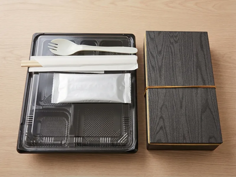 弁当容器にフォーク、箸、おしぼりを合わせた一式と、漆調の高級弁当箱