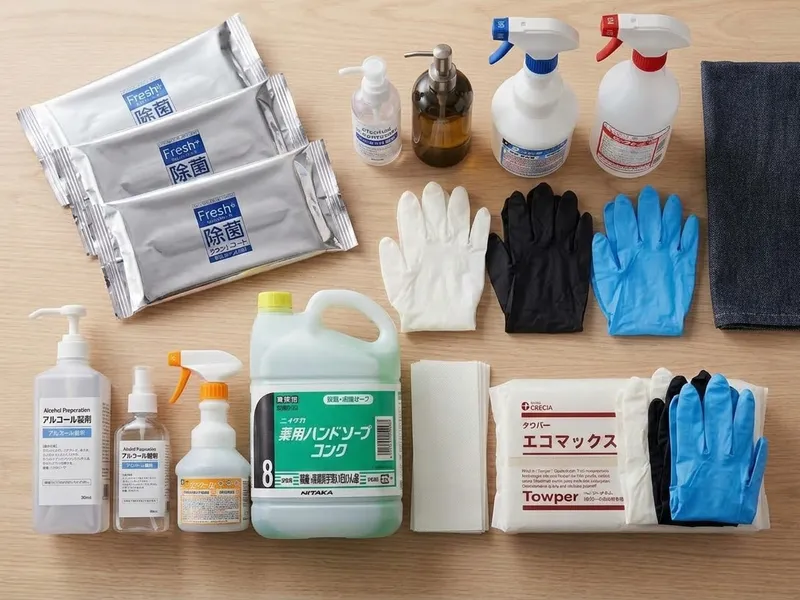 除菌シート、アルコール製剤、薬用ハンドソープ、使い捨て手袋、ペーパータオル